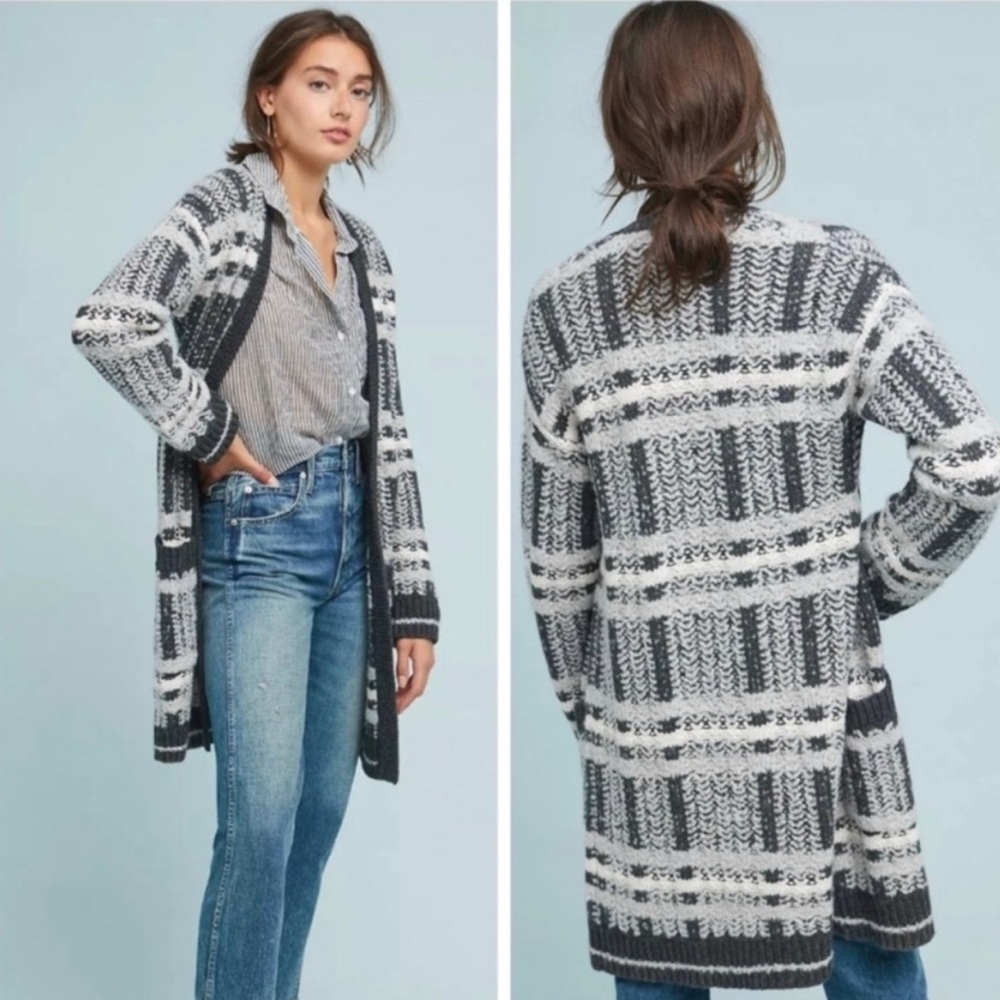 Maeve Anthropologie | Medium Petite Gray White Freyja Plaid Sweater Coat